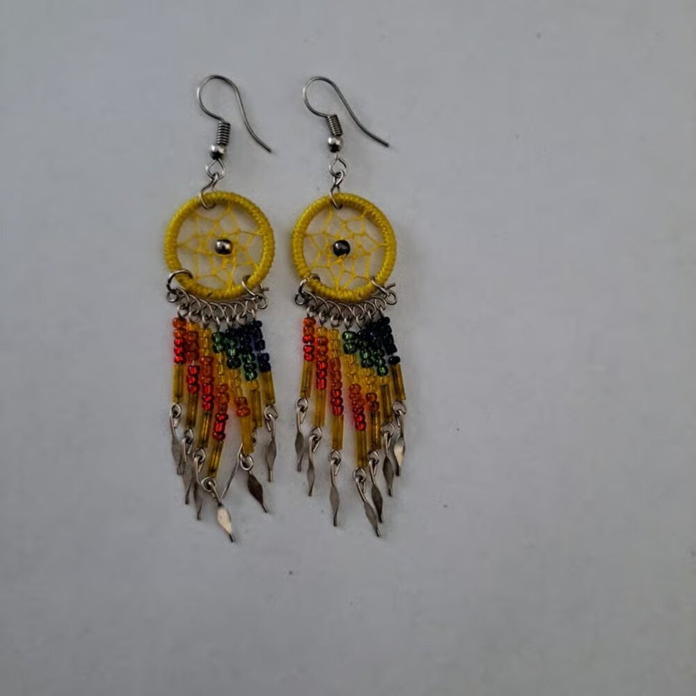 Handmade Dream Catcher Dangle Pierced Earrings With Rainbow Beads